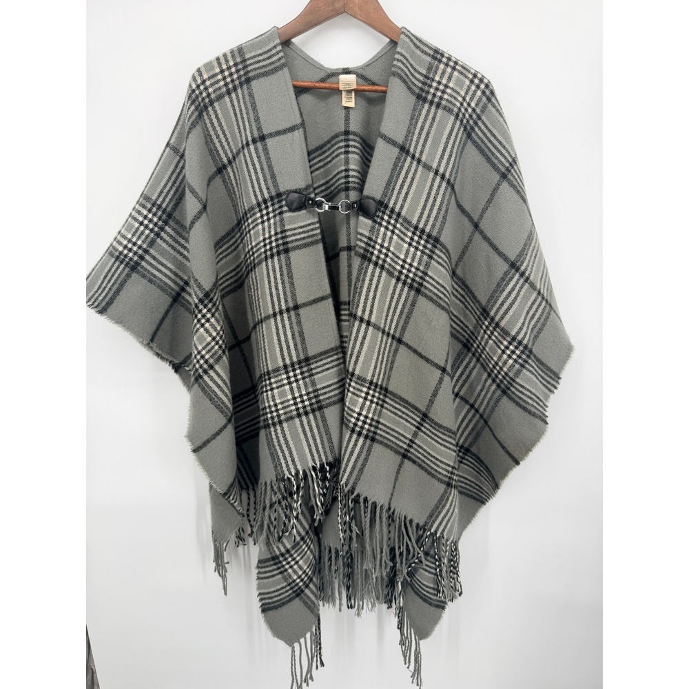 Plaid Poncho Women One Size Grey Black Good Toggle Fringe Flannel Wrap